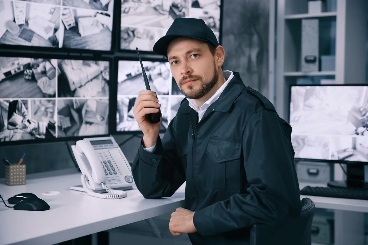 Security officer in front of CCTV screens