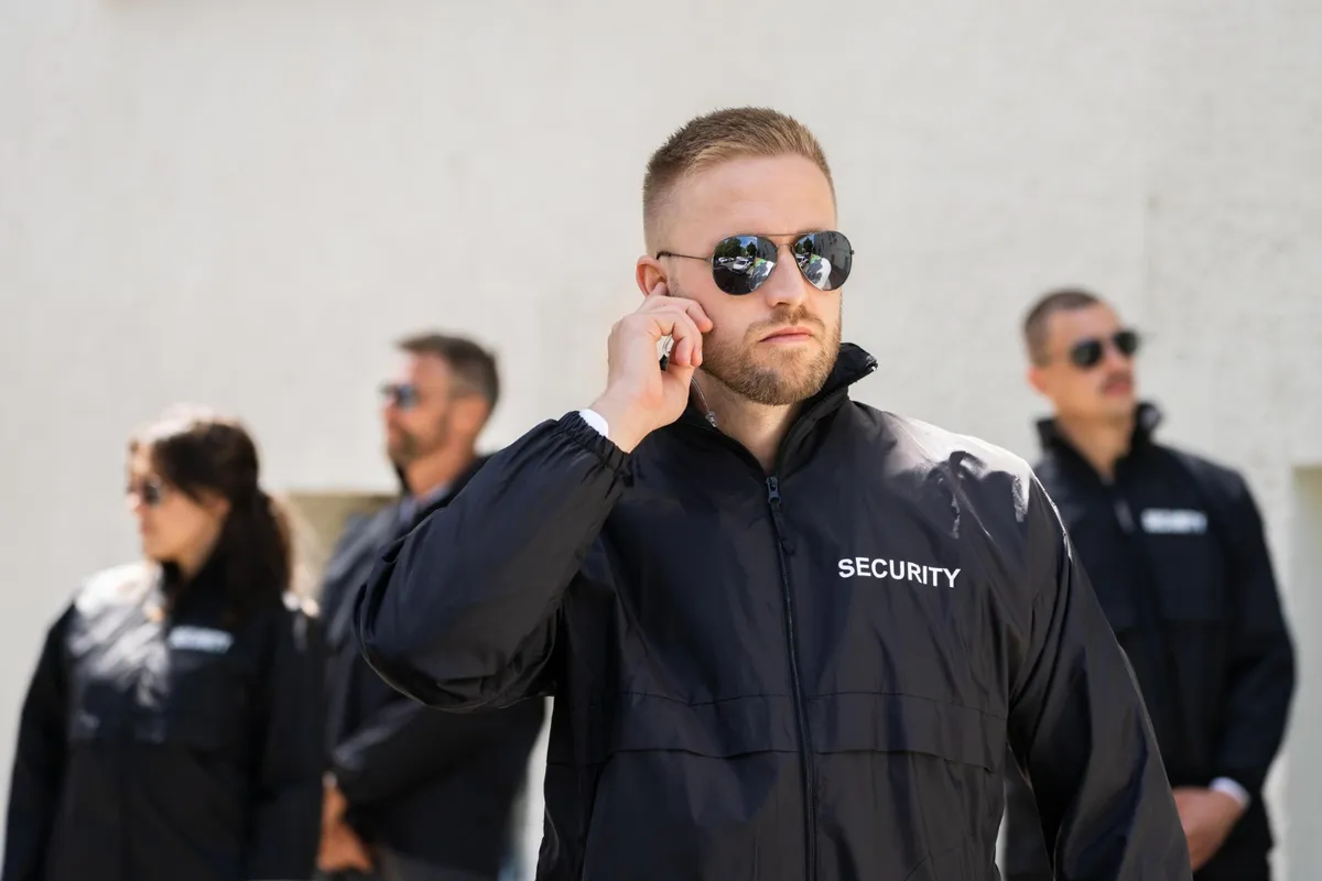 Security team member communicating through an earpiece